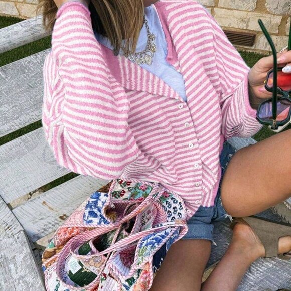 Sweaters - Pink Loose Women's Striped Knit Cardigan